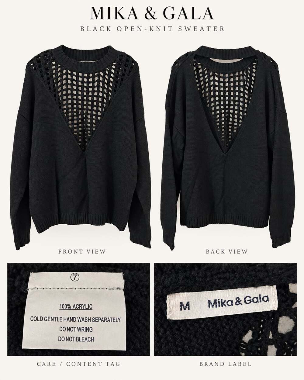 Mika & Gala Black Open-Knit V-Back Sweater